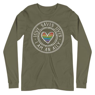 Love Saves Lives I Am An Ally - Lined Heart Unisex Long Sleeve Tee